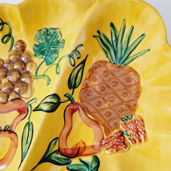 California Pottery Divided Platter, Yellow/Orange, Hand Painted Fruit Decor USA - Picture 2 of 10